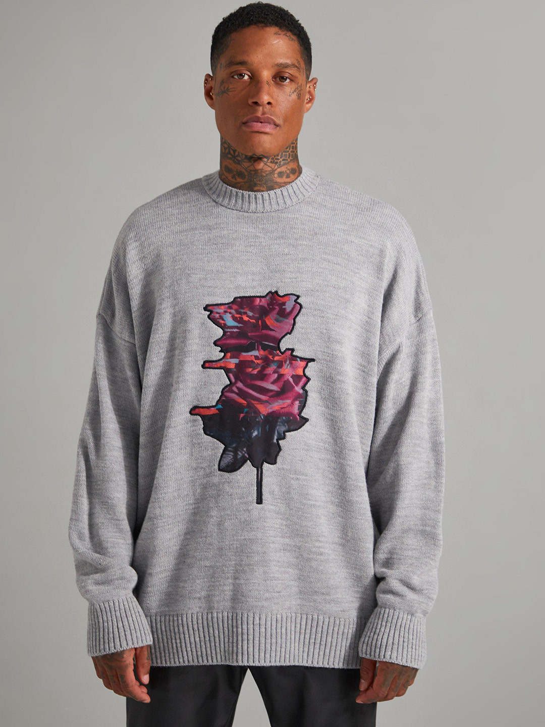 boohooMAN Rose Patch Knitted Acrylic Pullover