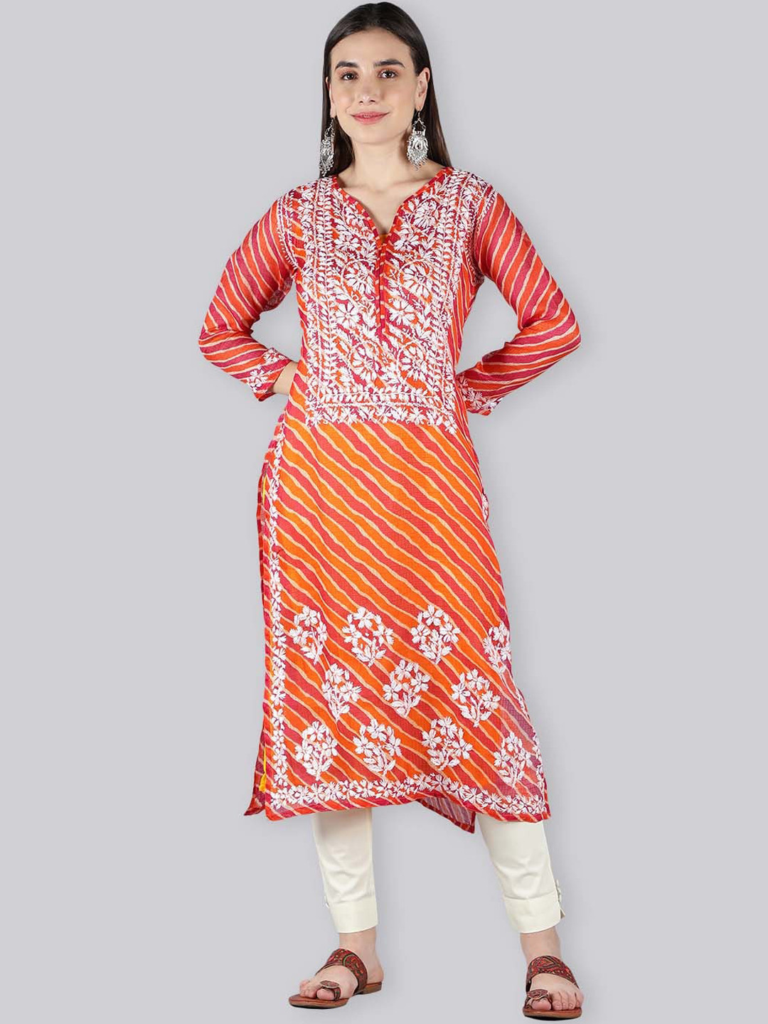 Seva Chikan Leheriya Printed Chikankari Straight Kurta & Trouser With Slip