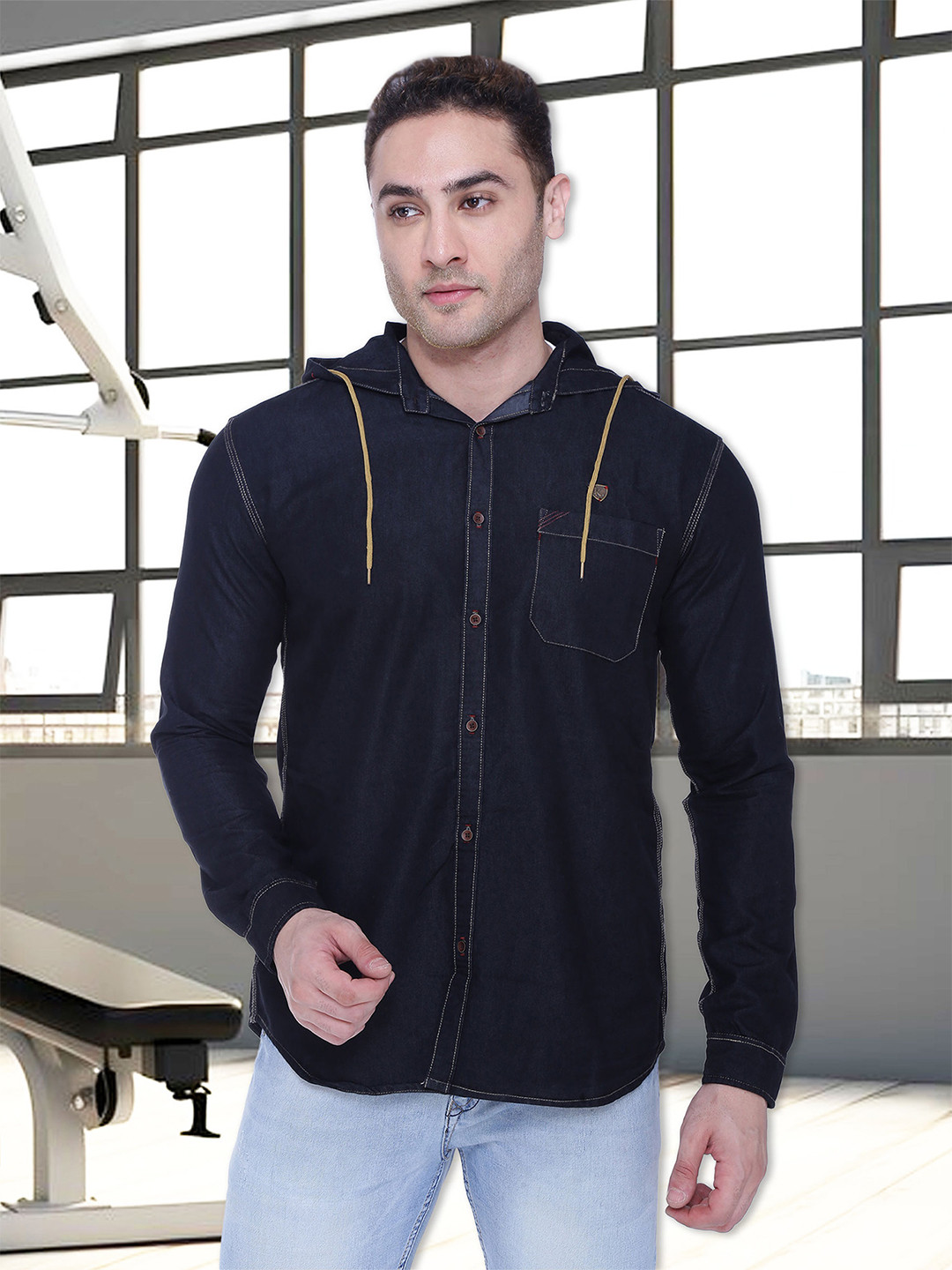 Kuons Avenue Smart Slim Fit Opaque Hooded Denim Shirt