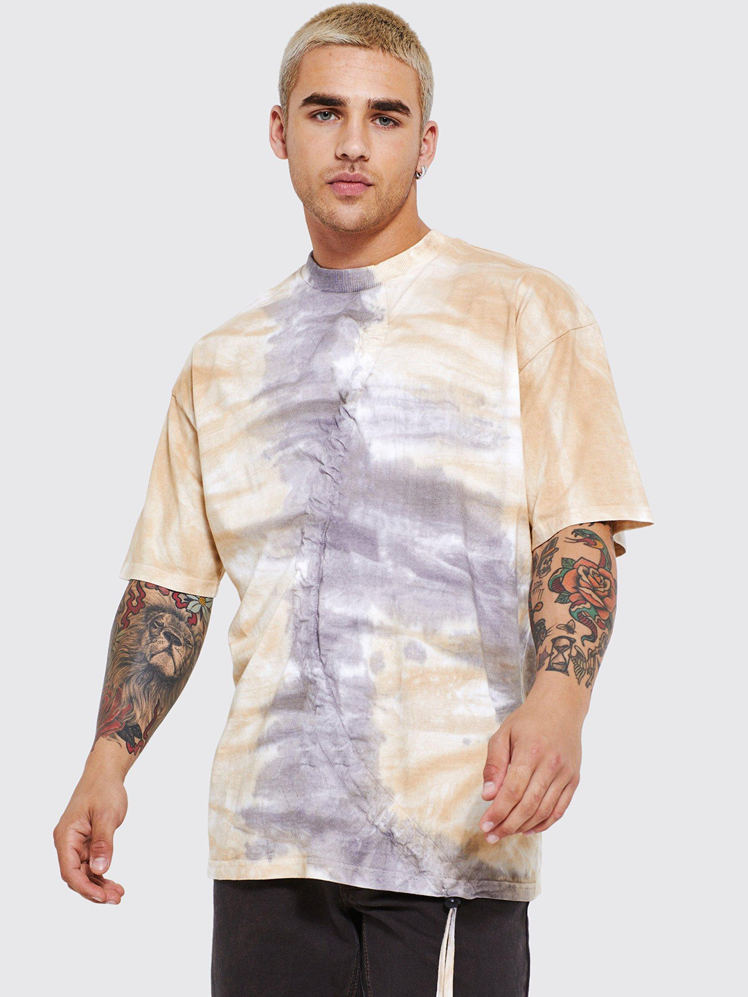boohooMAN Oversized Ruched Dyed Drop-Shoulder Sleeves Pure Cotton T-shirt