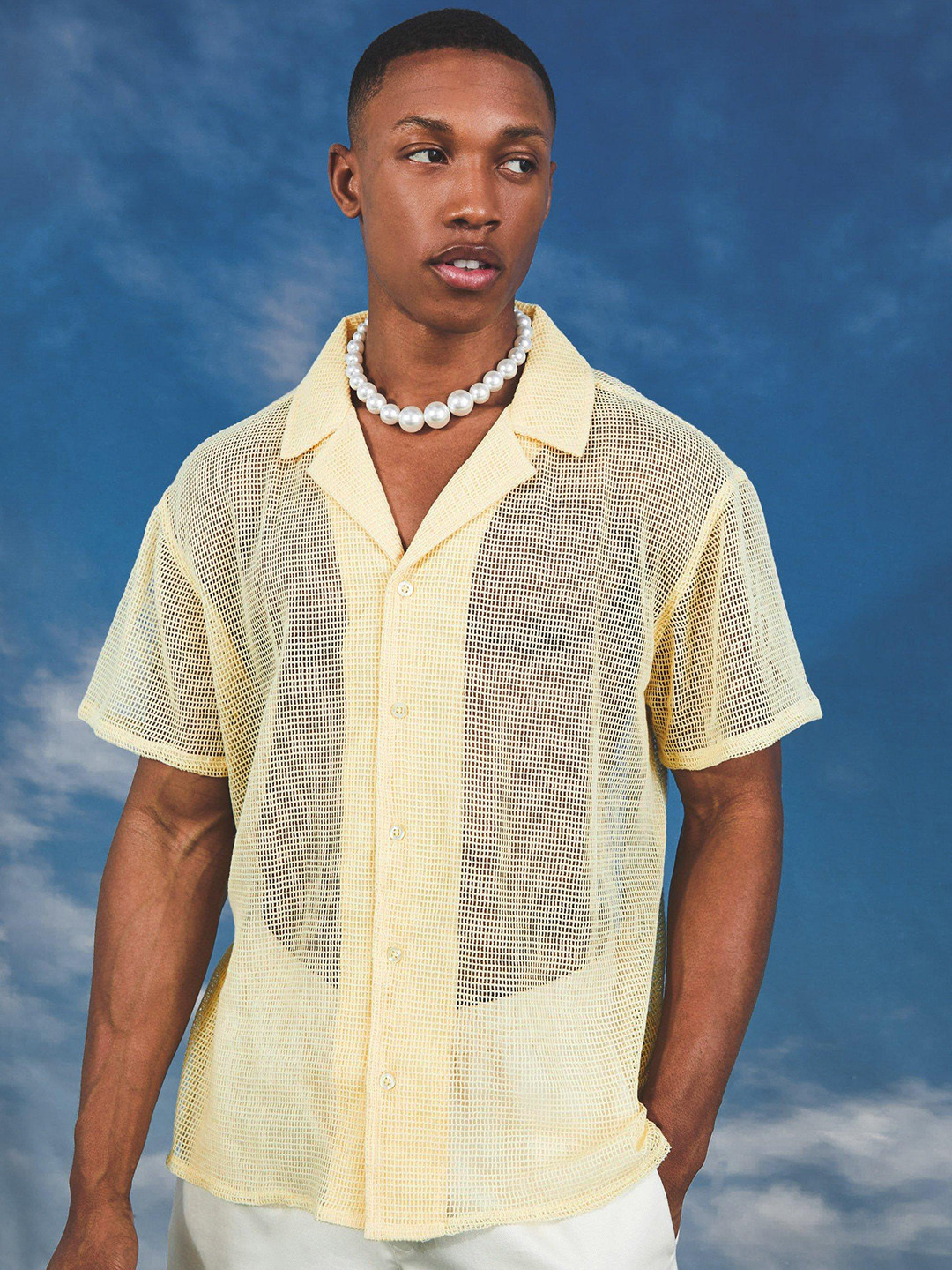 boohooMAN Pure Cotton Boxy Fit Sheer Open Weave Casual Crochet Shirt