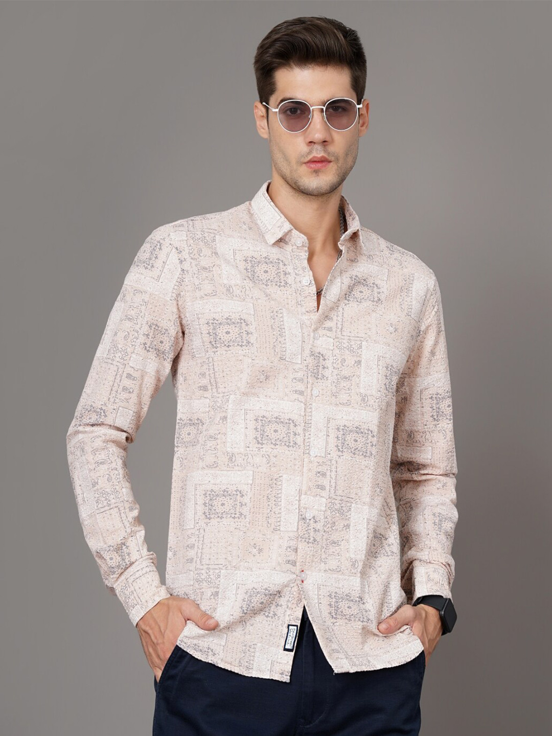 PAUL STREET Standard Slim Fit Ethnic Motifs Printed Cotton Seersucker Casual Shirt