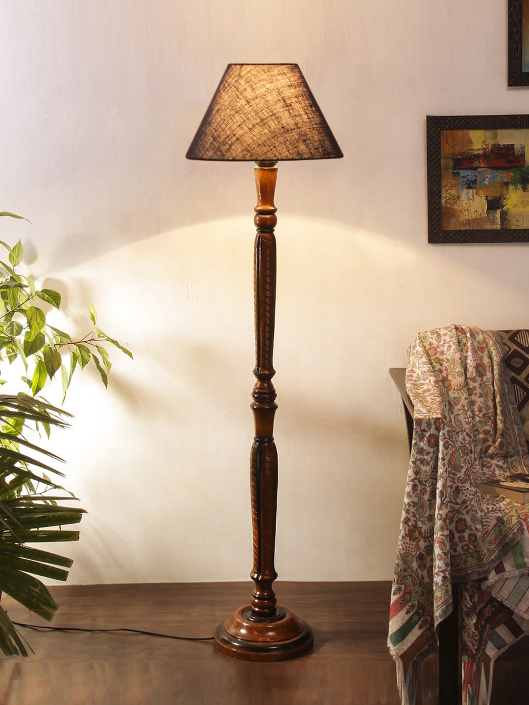 Devansh Blue Textured Wood & Jute Conical Floor Lamp