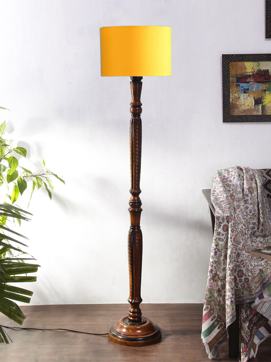 Devansh Yellow & Brown Cylindrical Cotton & Wooden Floor Lamp