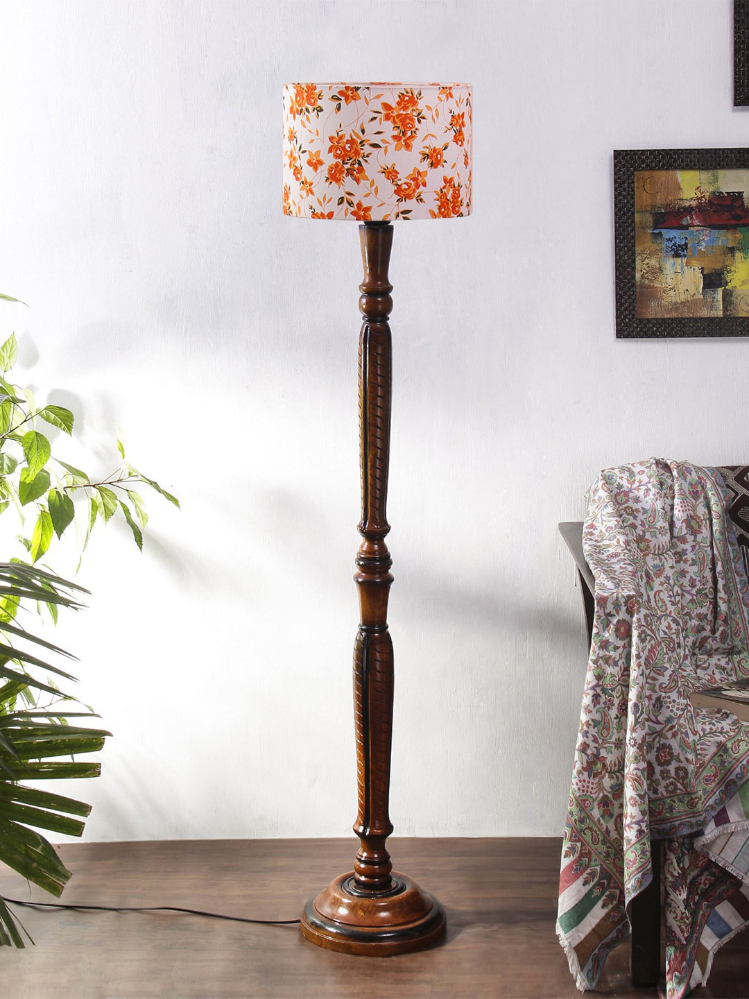 Devansh White & Brown Printed Cotton & Wooden Floor Lamps