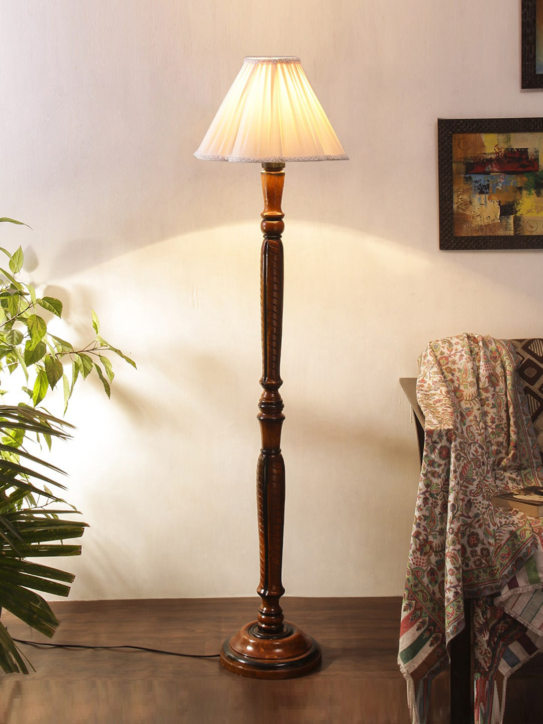 Devansh Off-White & Brown Vintage Cotton & Wooden Floor Lamp