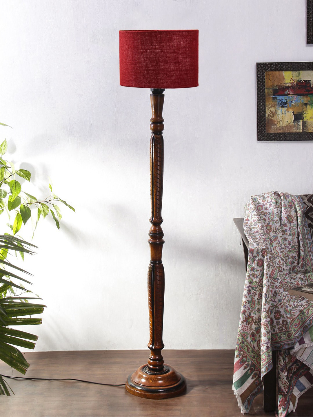 Devansh Maroon & Brown Jute & Wooden Floor Lamps