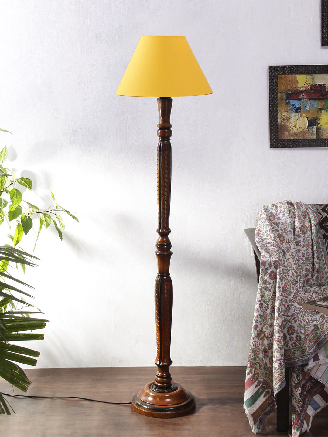 Devansh Yellow Cotton & Wooden Floor Lamp