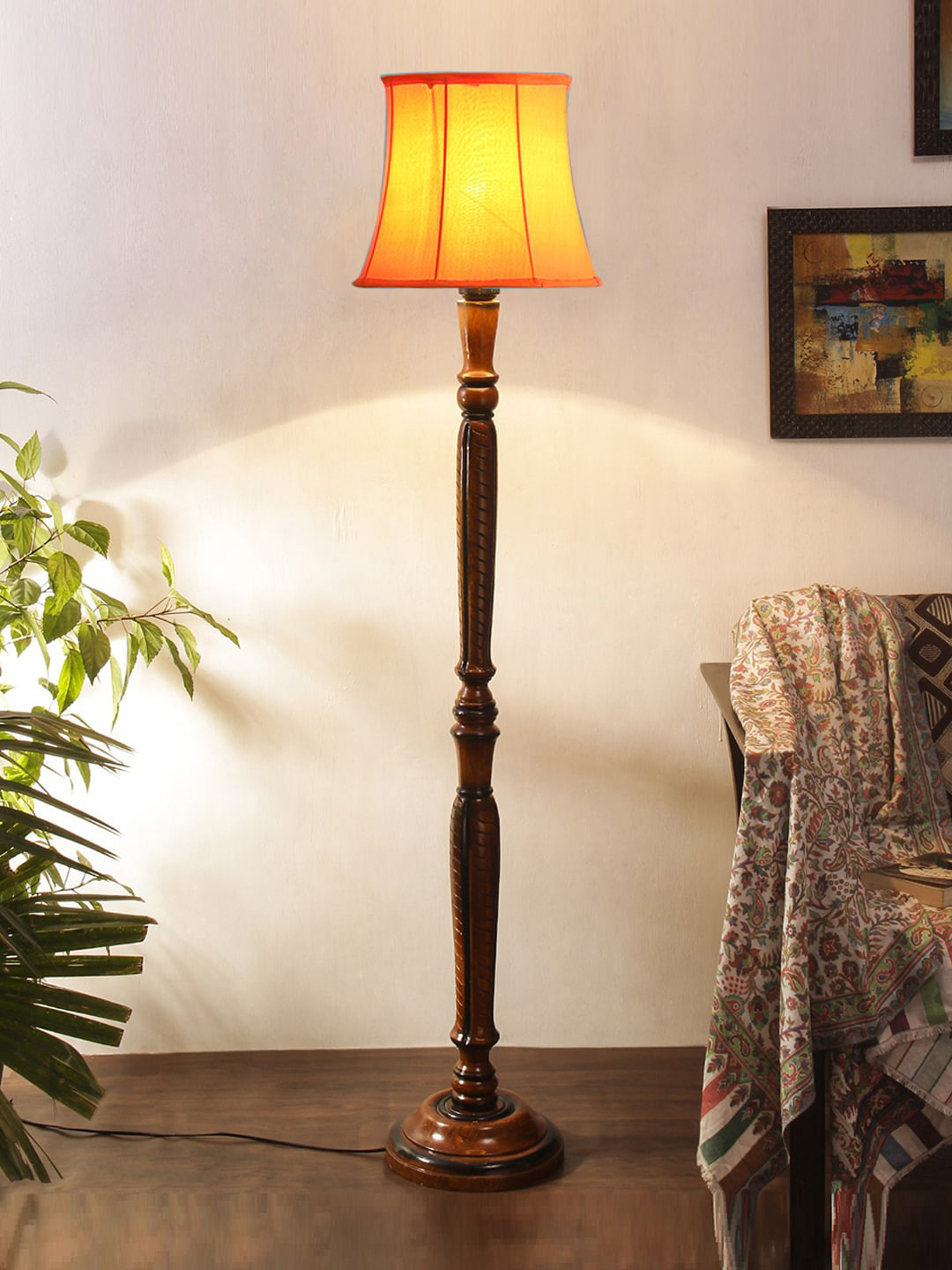 Devansh Orange-Colored & Brown Cotton & Wooden Floor Lamps