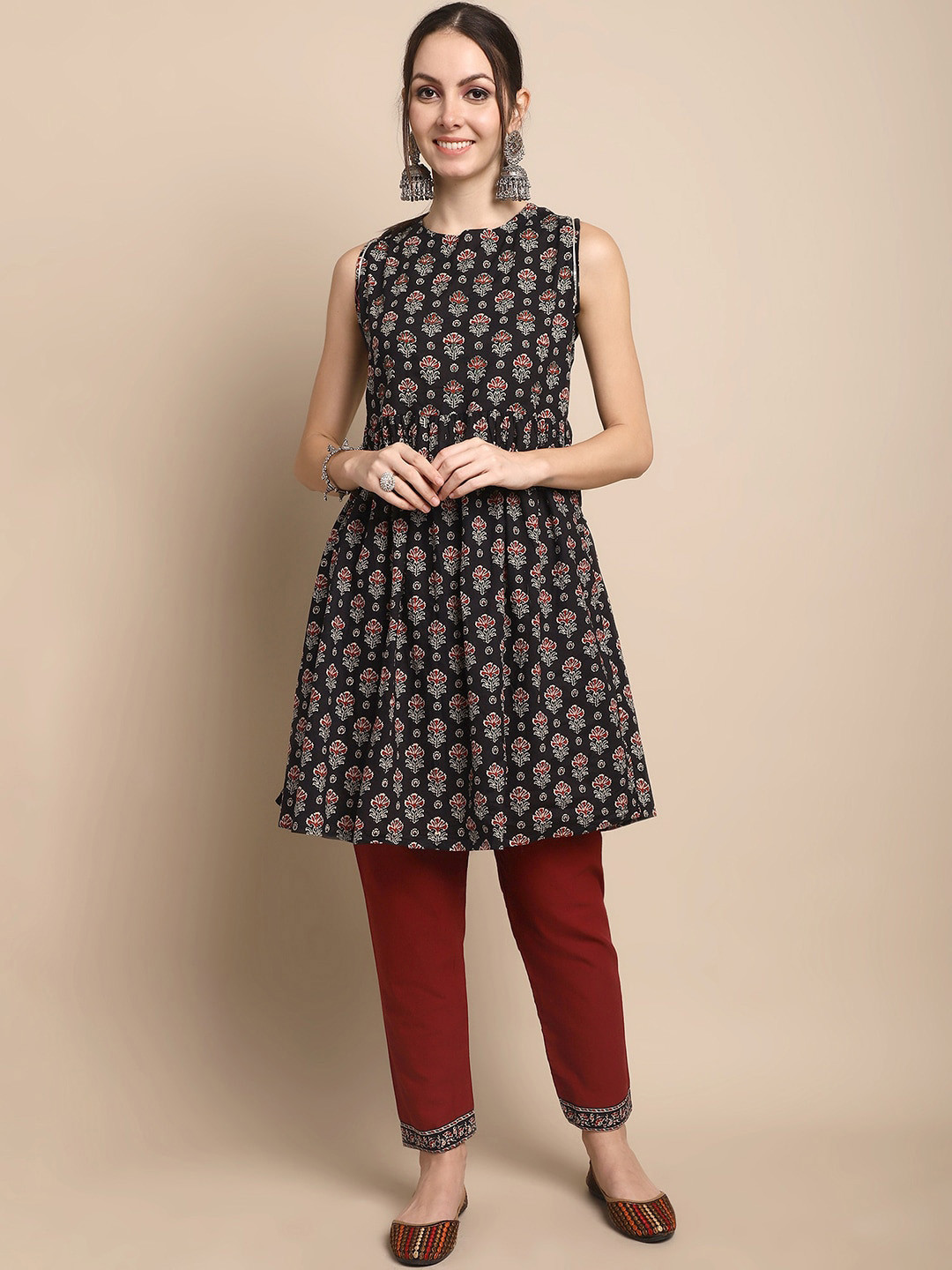ANAISA Ethnic Motifs Printed Pure Cotton A-Line  Kurta With Trousers