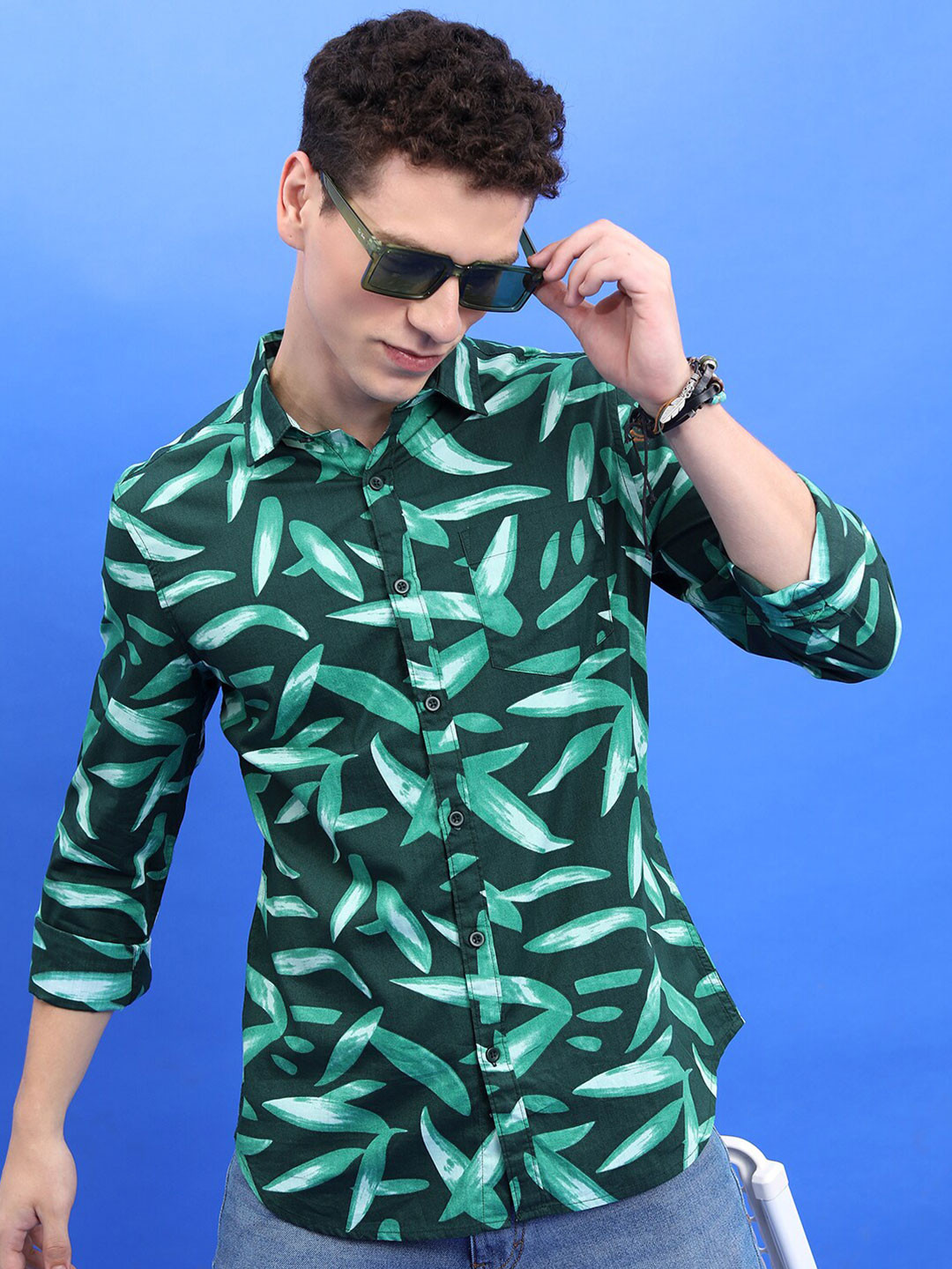 KETCH Green Slim Fit Abstract Printed Cotton Casual Shirt
