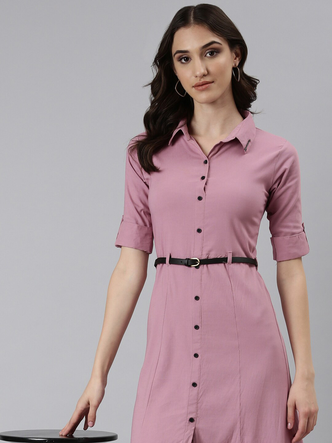 SHOWOFF Shirt Collar Belted Cotton A-Line Dress