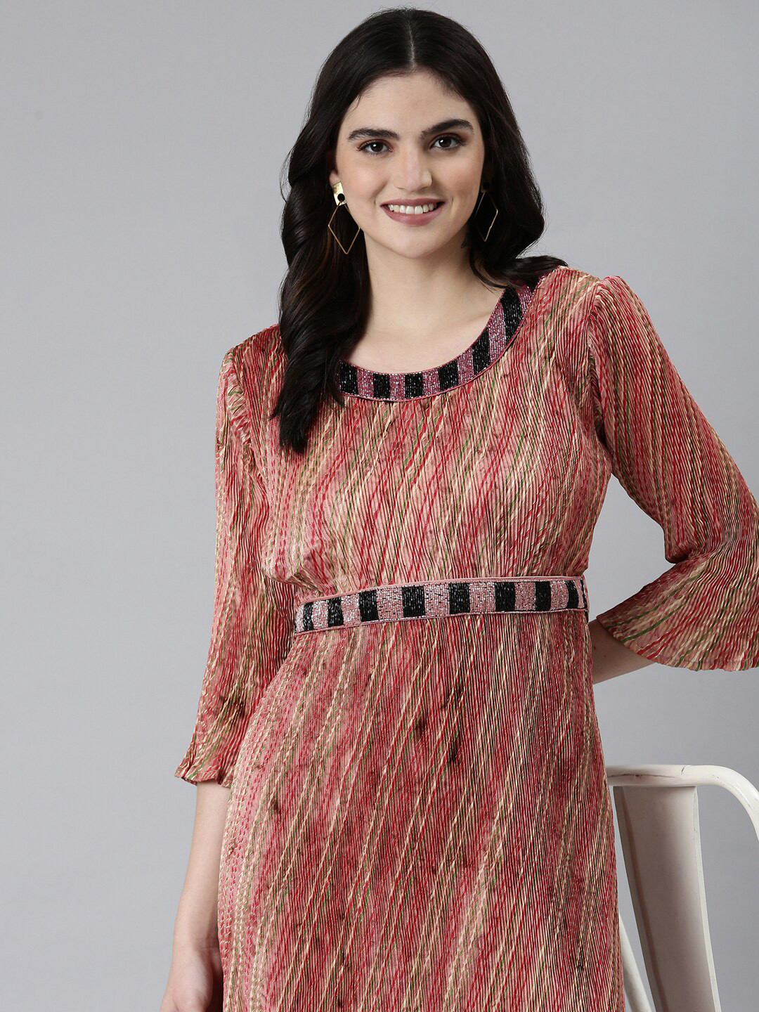 SHOWOFFFF Striped Embellished Accordion Pleated Georgette Fit & Flare Dress With Belt