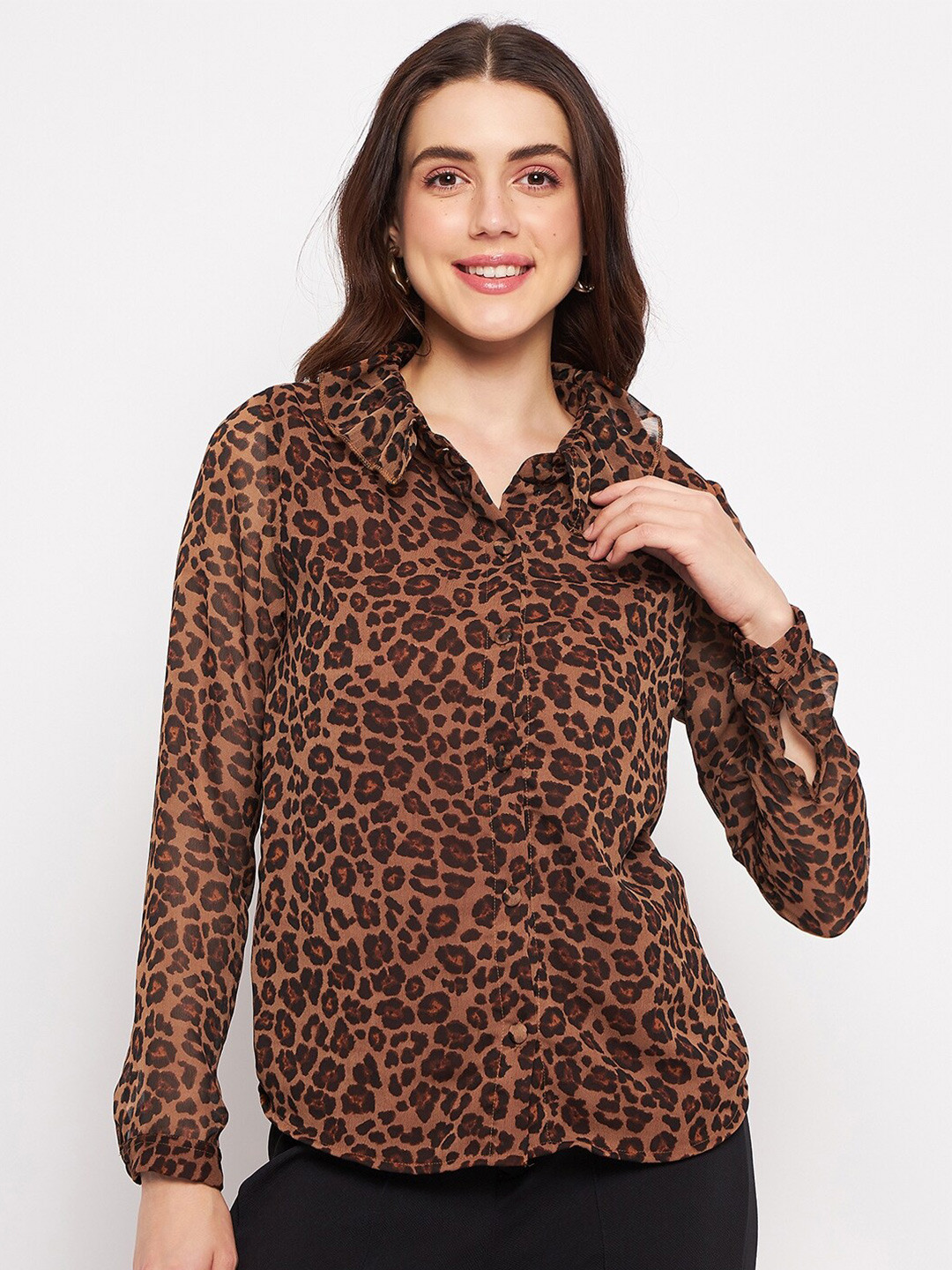DELAN Animal Printed Ruffles Semi Sheer Shirt Style Top