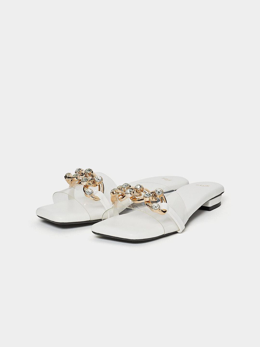 Styli White & Gold-Toned Embellished Open Toe Flats