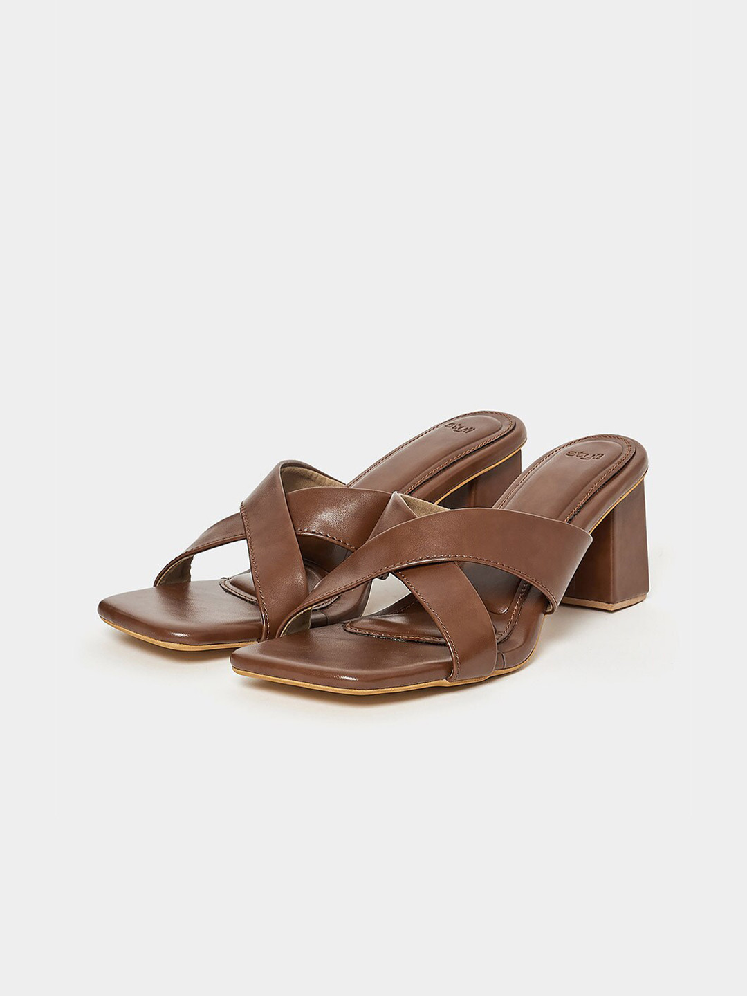 Styli Brown Cross Strap Block Heels