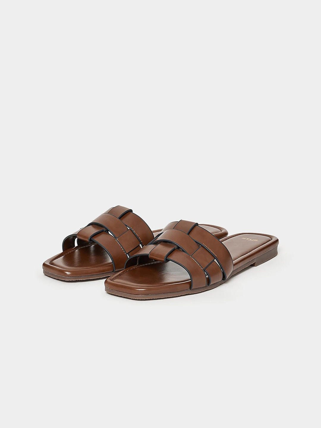 Styli Brown Interlocked Strap Open Toe Flats