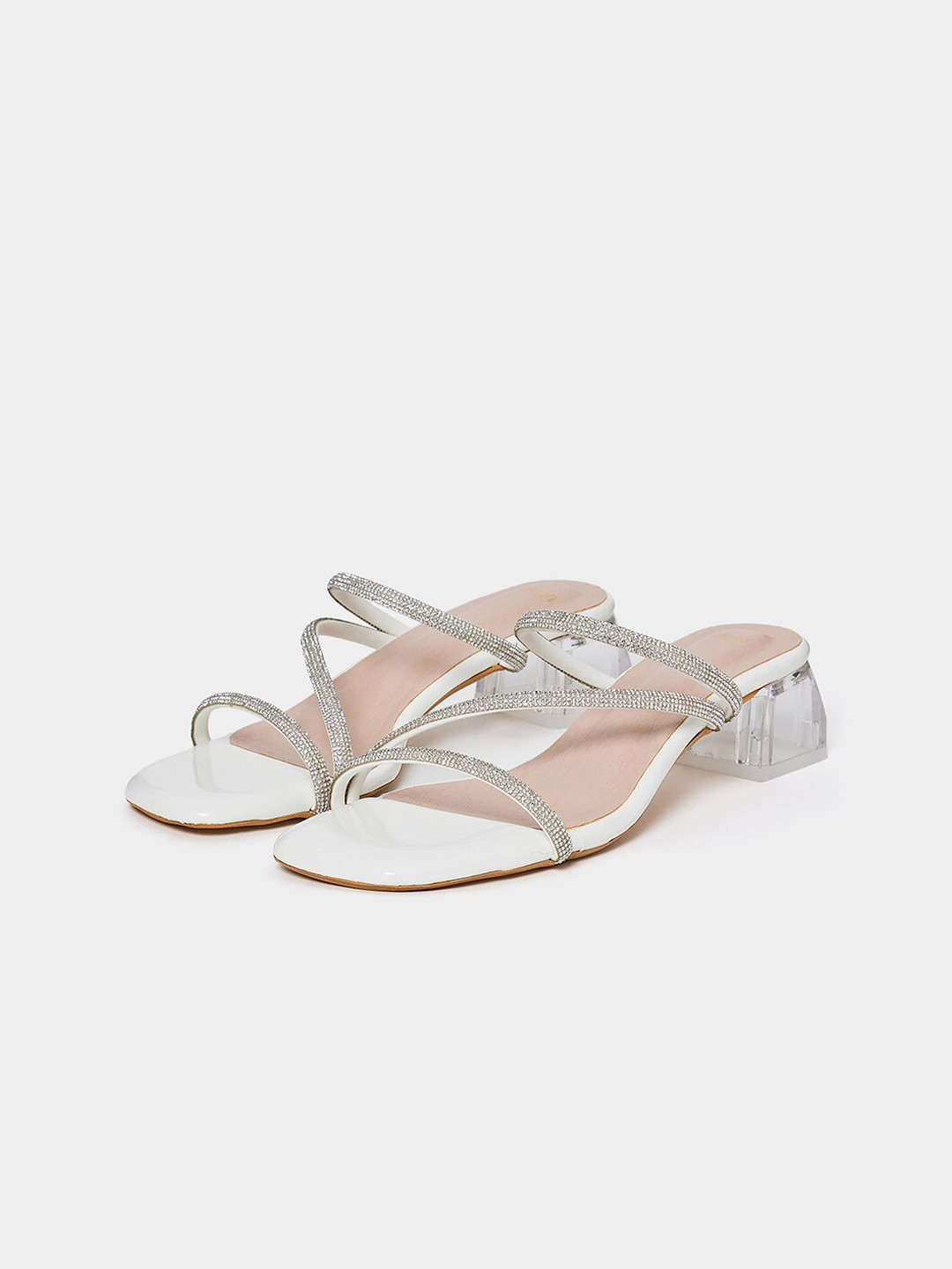 Styli White & Silver-Toned Embellished Block Heels