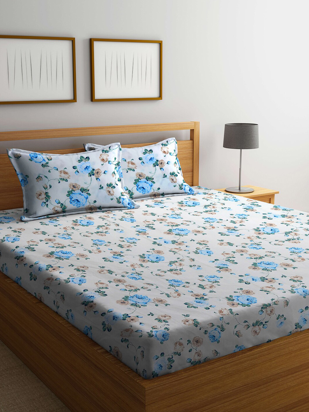 FABINALIV Villa White Floral Polycotton 300 TC Fitted King Fine Bedsheet with 2 Pillow Covers-20 x 20 x 5 cm