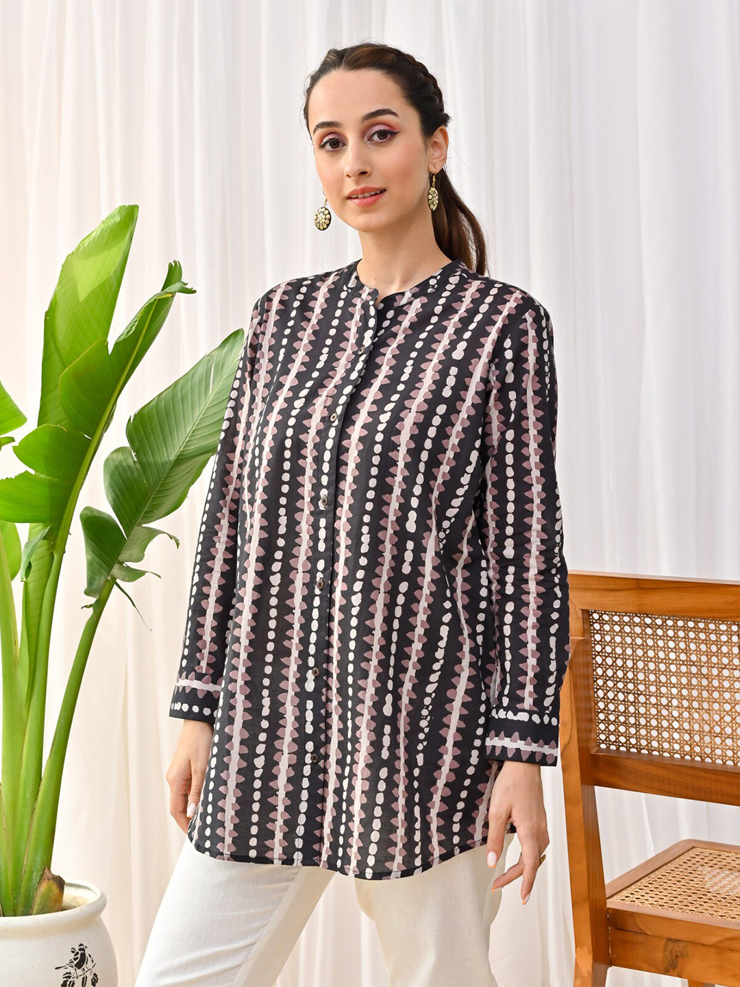 Rustorange Abstract Printed Cotton Mandarin Collar Tunic