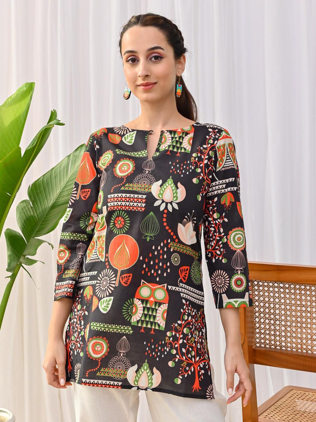 Rustorange Graphic Printed Cotton Mandarin Collar Tunic