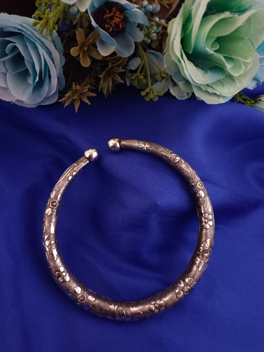 Sanjog Oxidised German Silver Plated Engraved Tribal Design Adjustable Kada Anklet