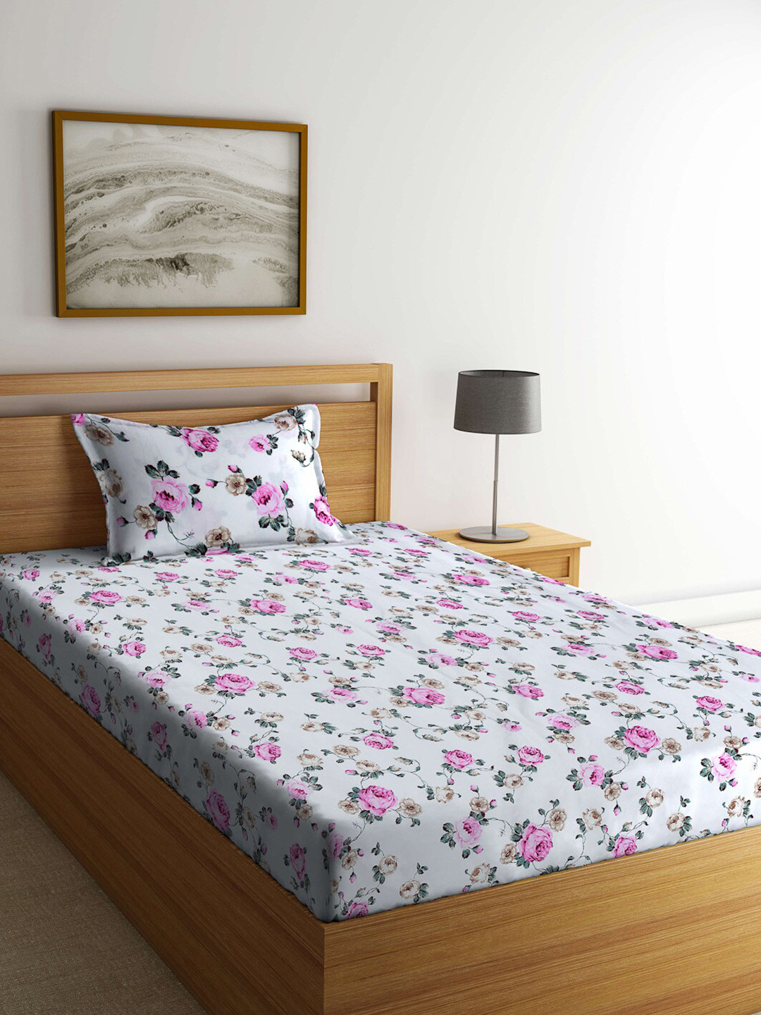 FABINALIV White Floral Polycotton 300 TC Single Fine Bedsheet with a Pillow Cover-74 x 78 inches