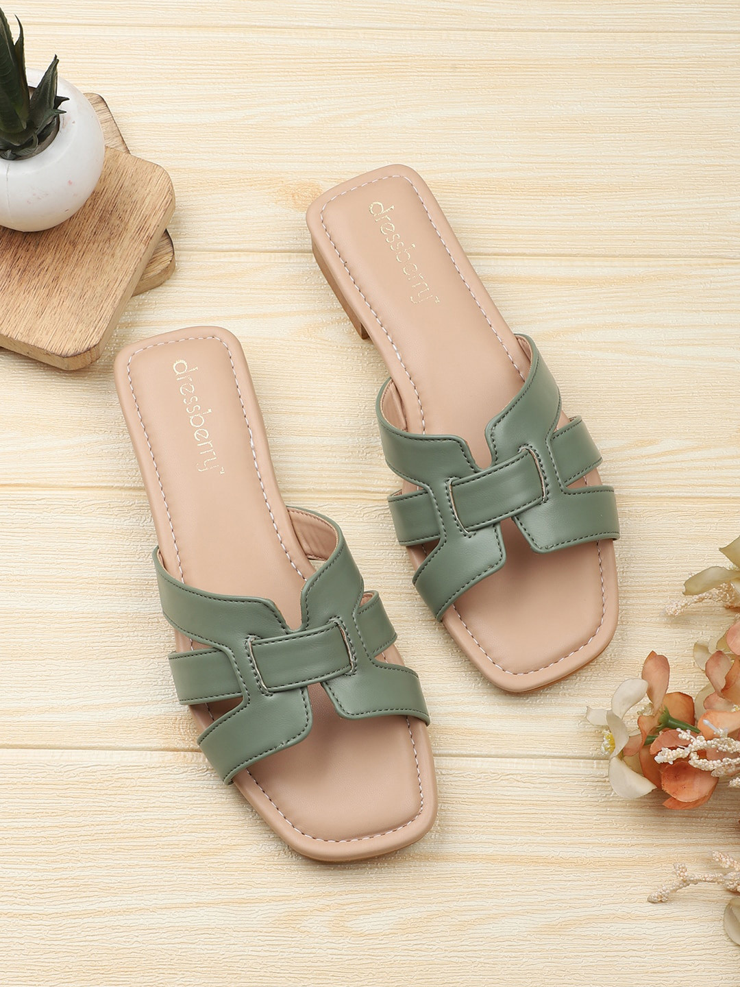 DressBerry Green Interlock Strap Open Toe Flats