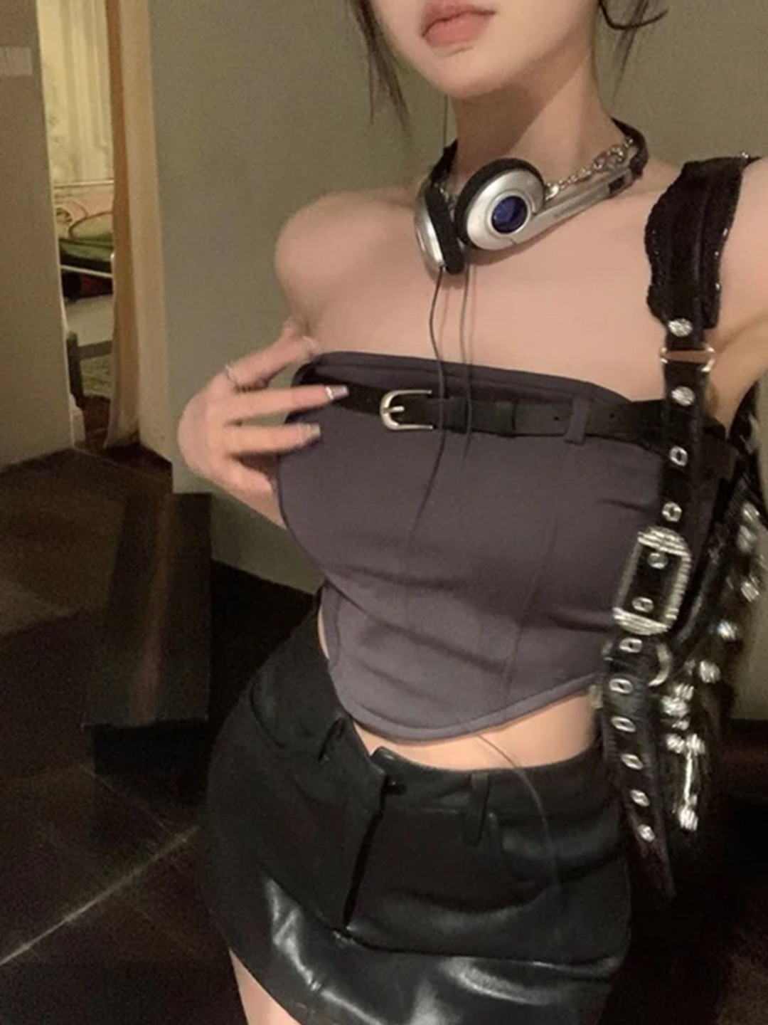 StyleAsh Shoulder Straps Fitted Crop Belted Top