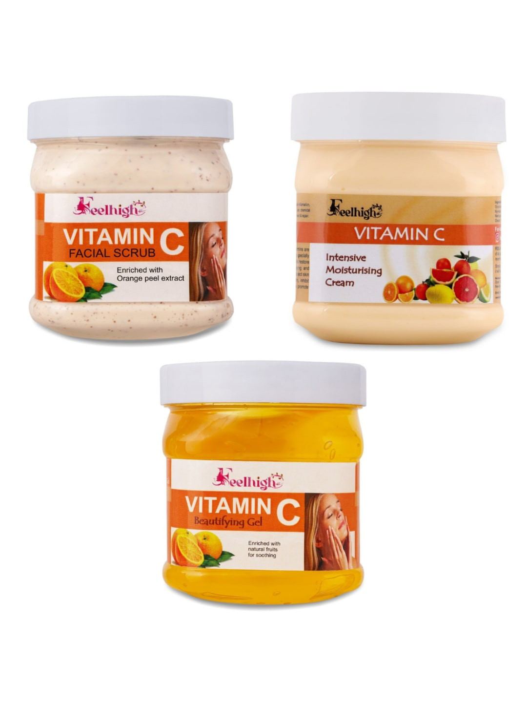 FEELHIGH Set of Vitamin C Scrub + Brightening Cream + Face Gel - 500 ml Each