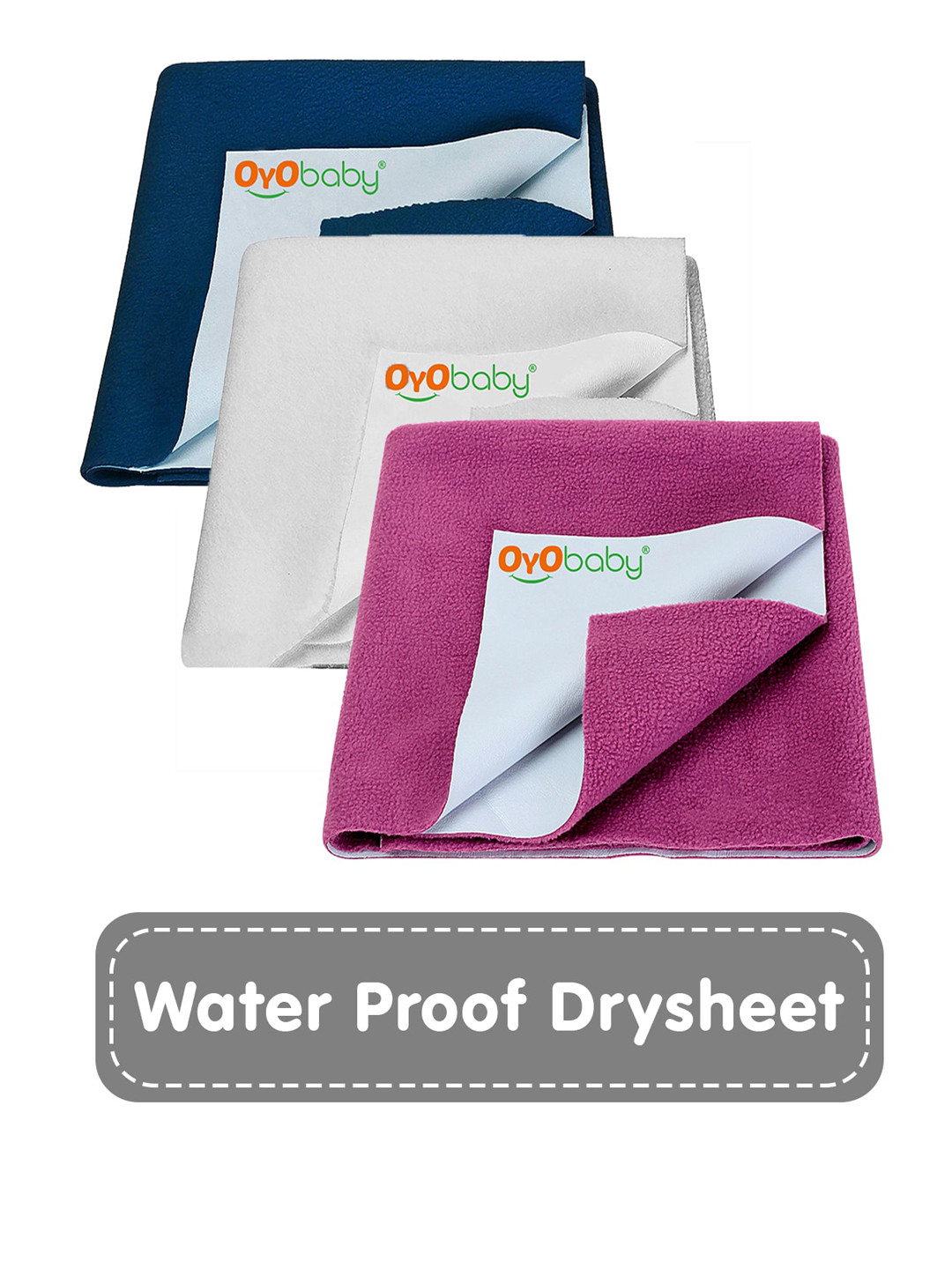 OyO Baby Pack of 3 Dark Sea Blue, Ivory & Rani Pink Dry Sheet Polycotton Mattress Protector