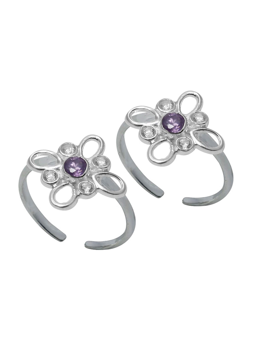 Abhooshan Set Of 2 92.5 Sterling Silver CZ-Studded Adjustable Toe Rings