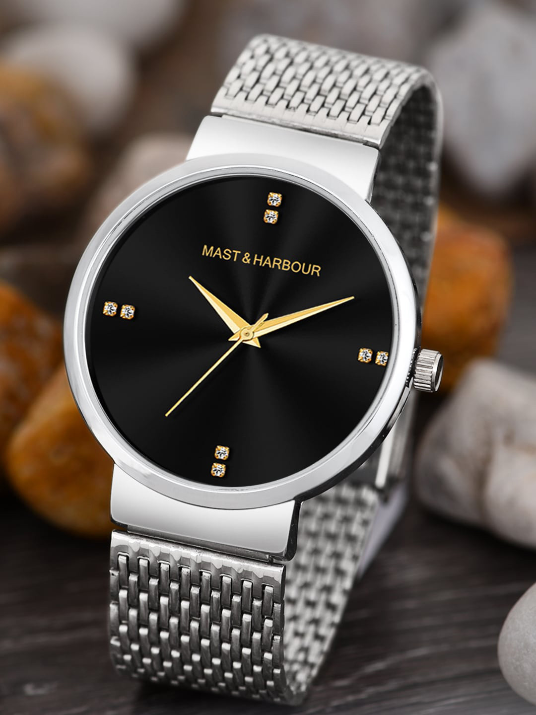 Mast & Harbour Embellished Dial Stainless Steel Bracelet Style Analogue Watch-HOBMH-212-BK