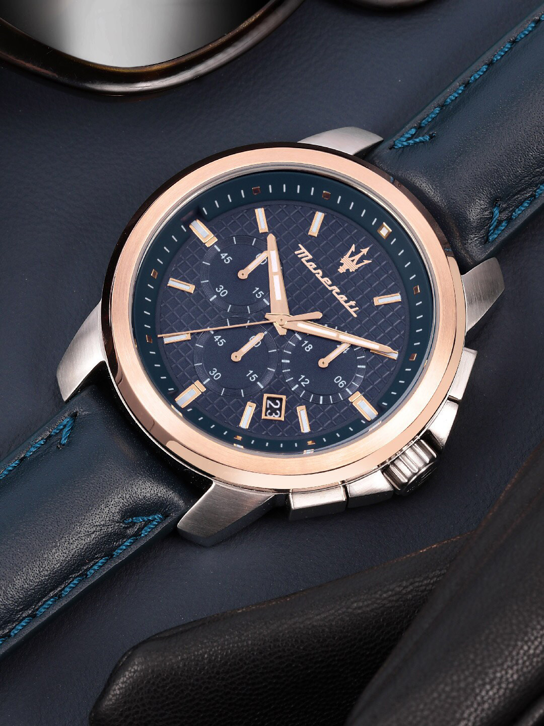 Maserati Men Successo Analog Blue Dial Rose Gold Steel Case Leather Strap WatchR8871621015