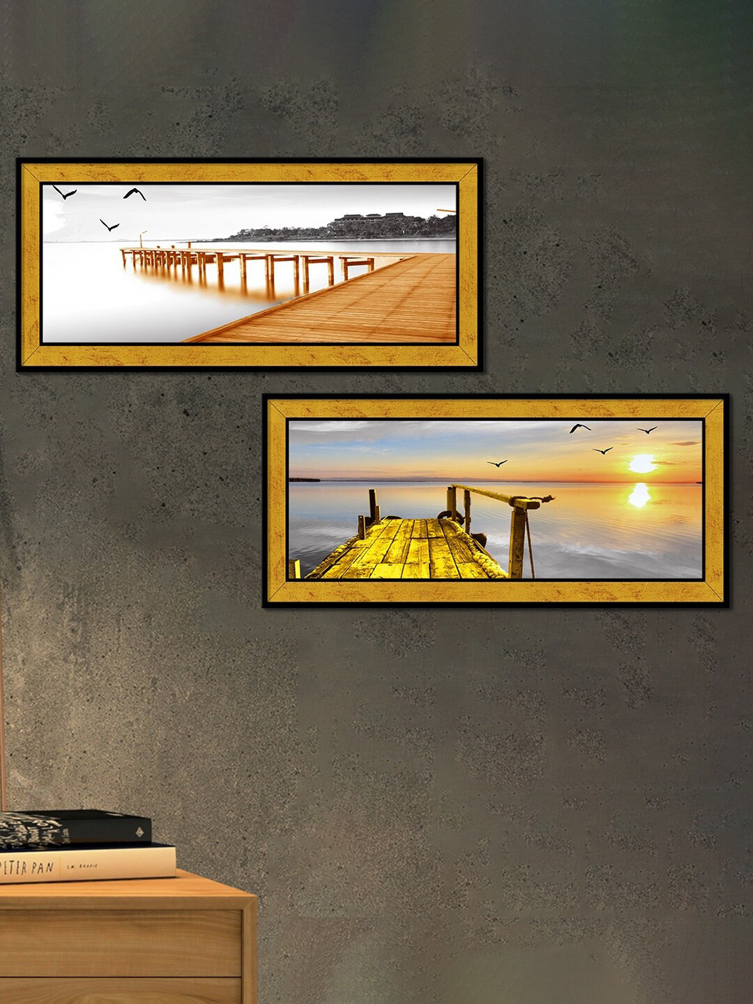 Art Street Yellow & Black 2 Pieces Landscape Pier Sunrise Framed Wall Arts