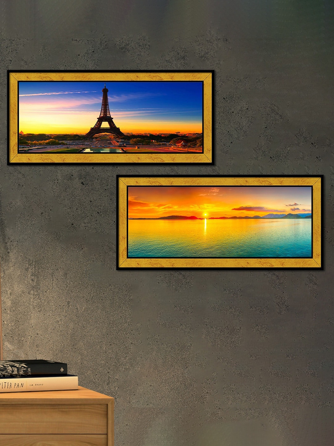 Art Street Blue & Yellow 2 Pieces Eiffel Tower & Sunset Printed Framed Wall Arts
