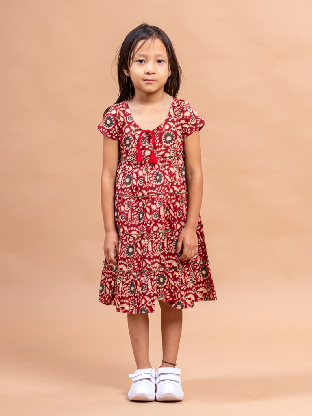 Sangria Red Floral Print Round Neck Tie-Ups Cotton Dress