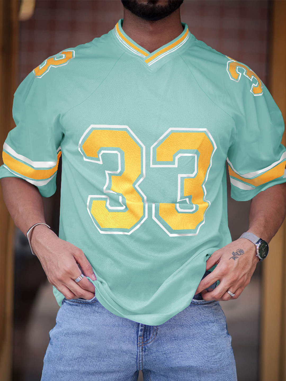 Eyebogler Typography Printed V-Neck Oversized T-shirt