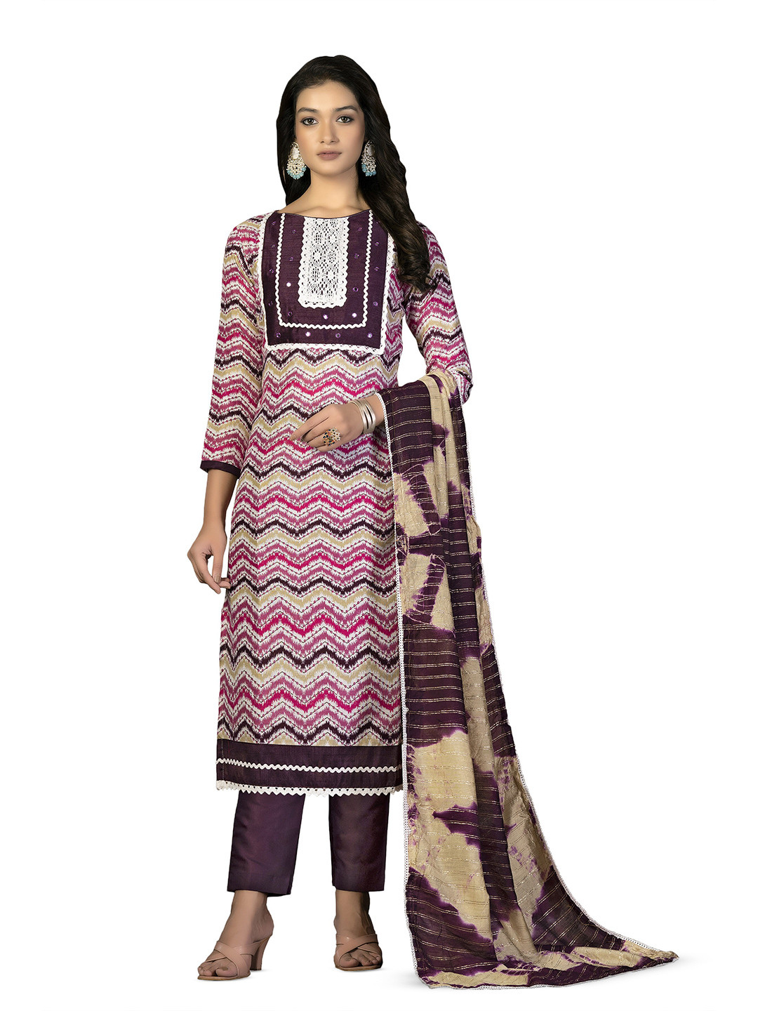 MANVAA Chevron Printed Mirror Work Pure Cotton Unstitched Dress Material