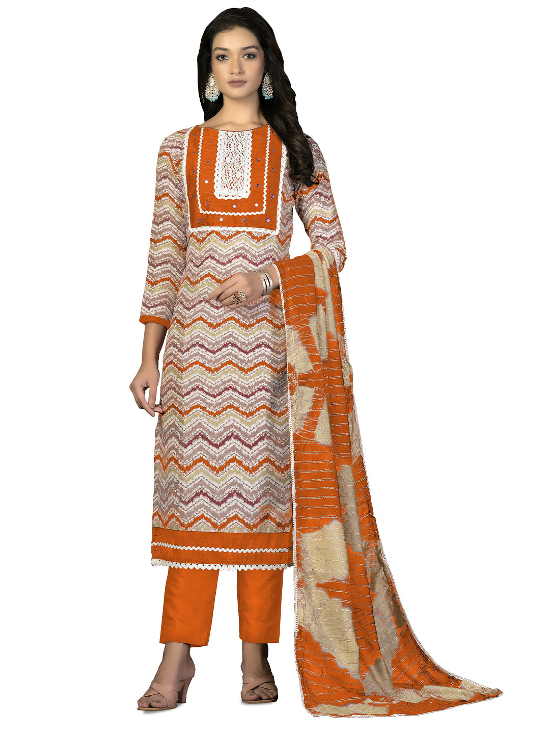 MANVAA Chevron Printed Mirror Work Lace- Up Detail Pure Cotton Unstitched Dress Material