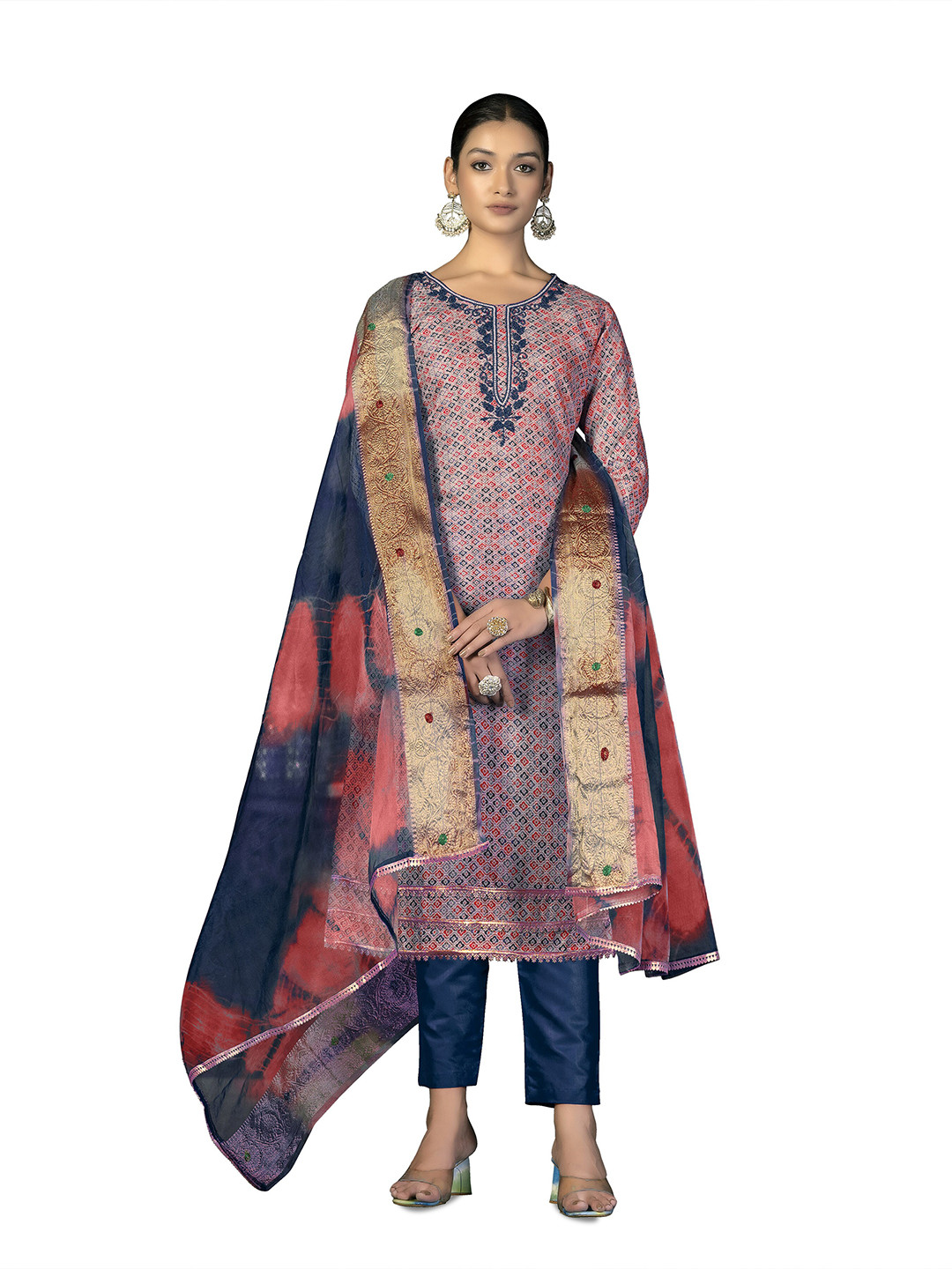 MANVAA Geometric Printed Thread Work Pure Cotton Unstitched Dress Material