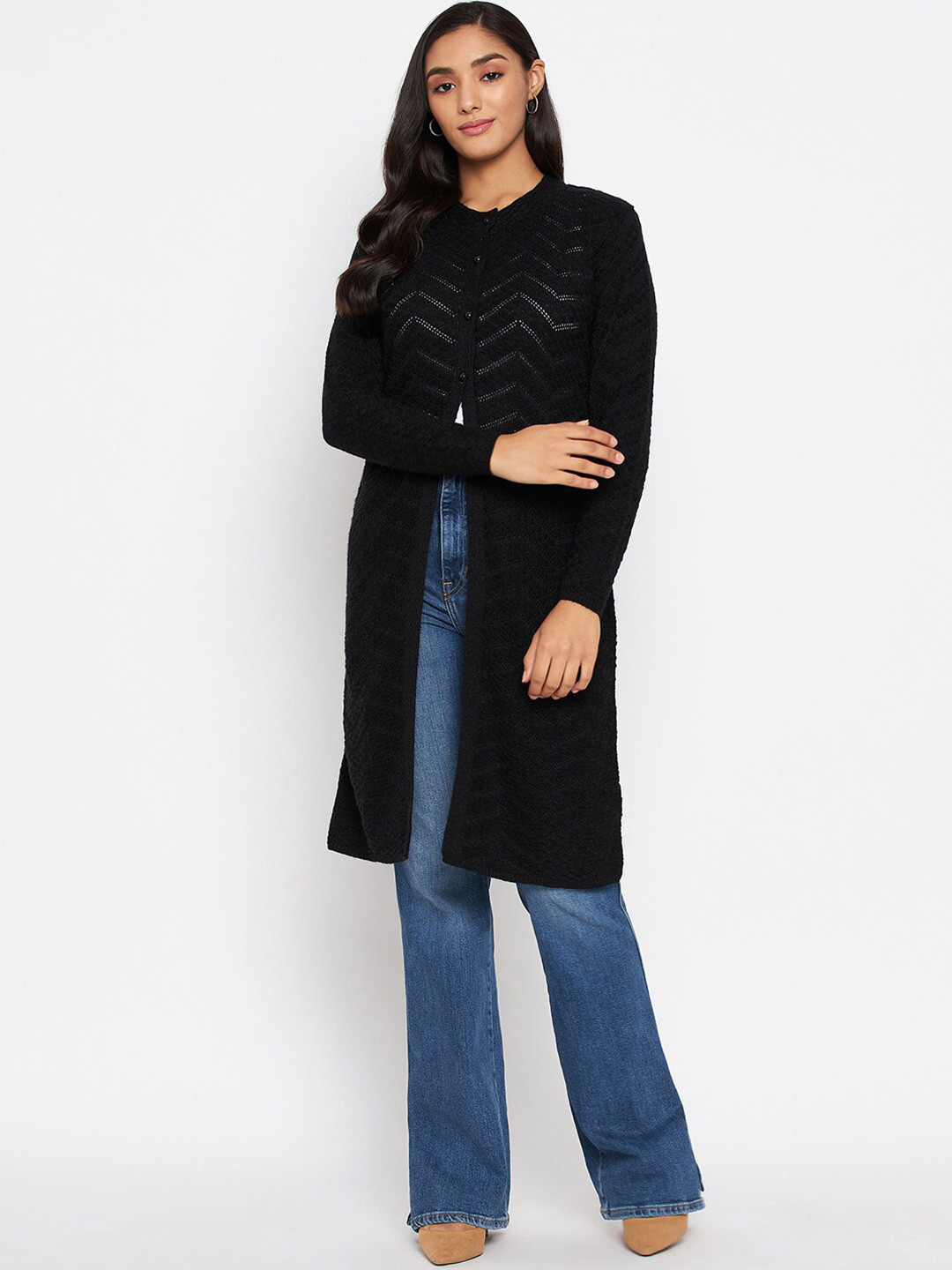 CLAPTON Self Design Open Knit Wool Longline Cardigan
