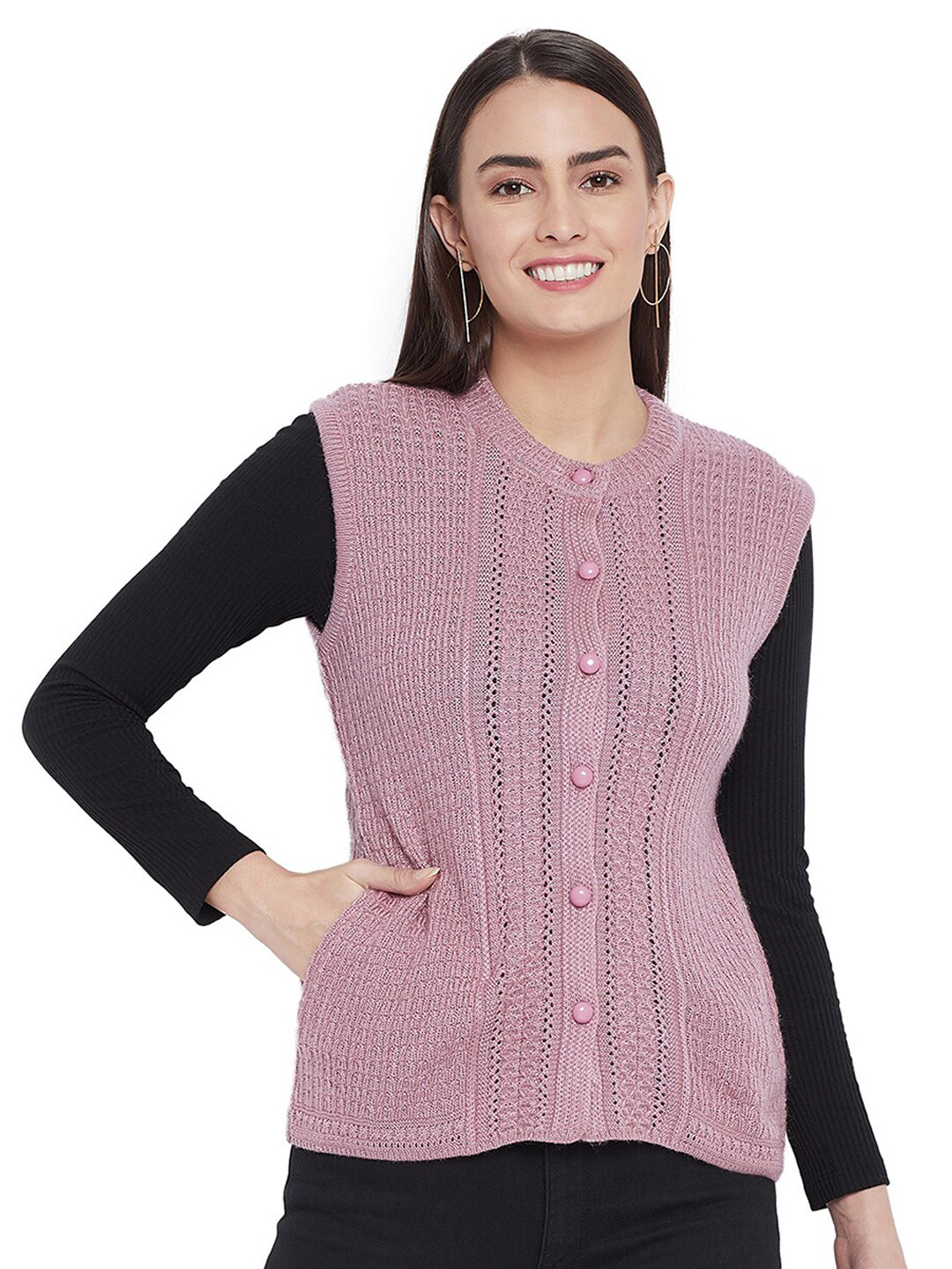 CLAPTON Self Design Open Knit Sleeveless Cardigan