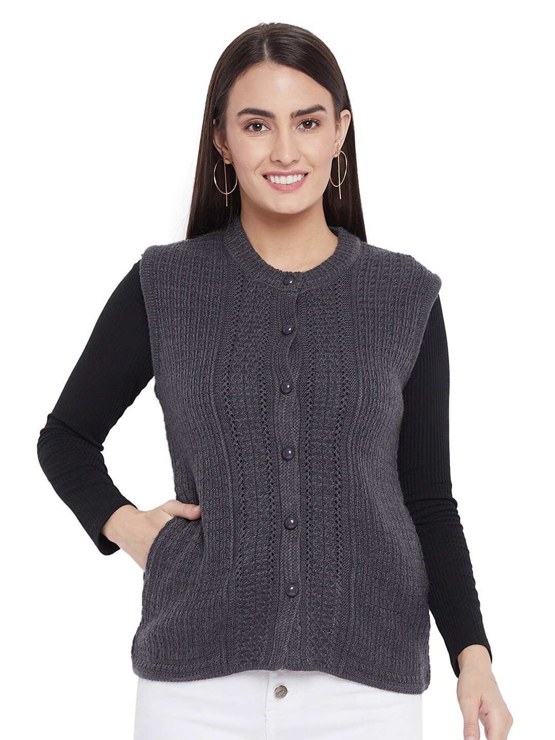 CLAPTON Cable Knit Self Design Round Neck Cardigan Sweater