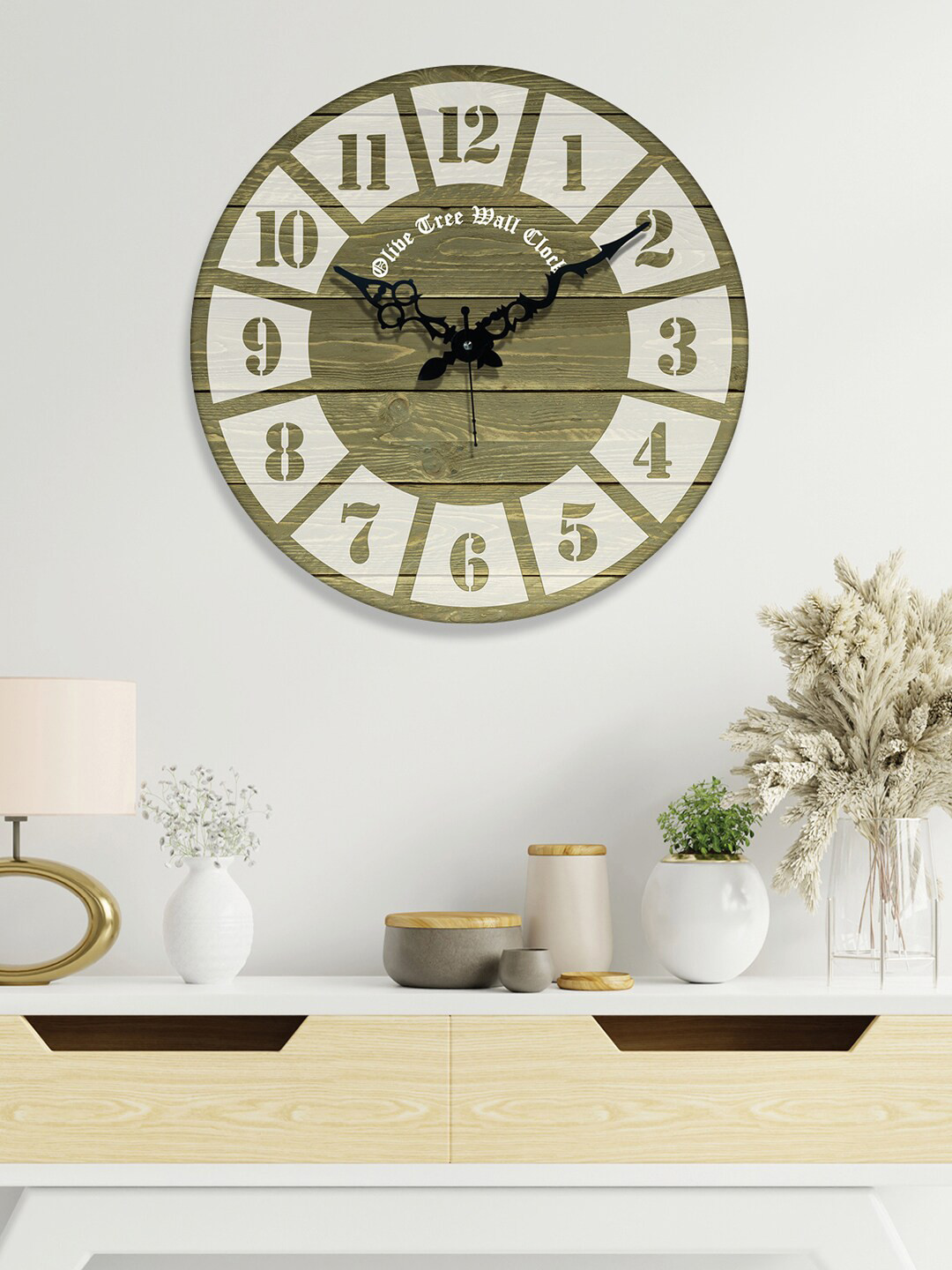 OLIVE TREE Olive MDF Large Display Round Battery Analogue Wall Clock-38.1cm