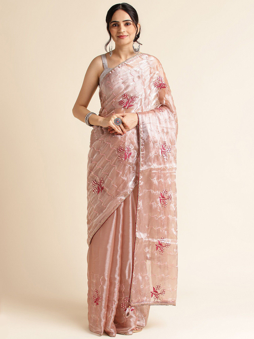 FABMORA Floral Embrodered Sequinned Organza Saree