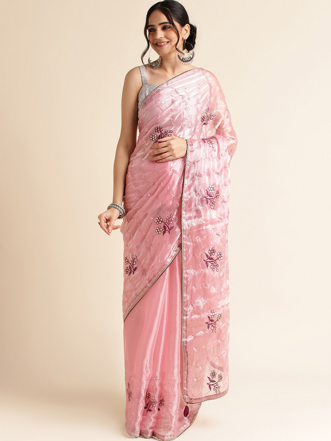 FABMORA Floral Embrodered Sequinned Organza Saree