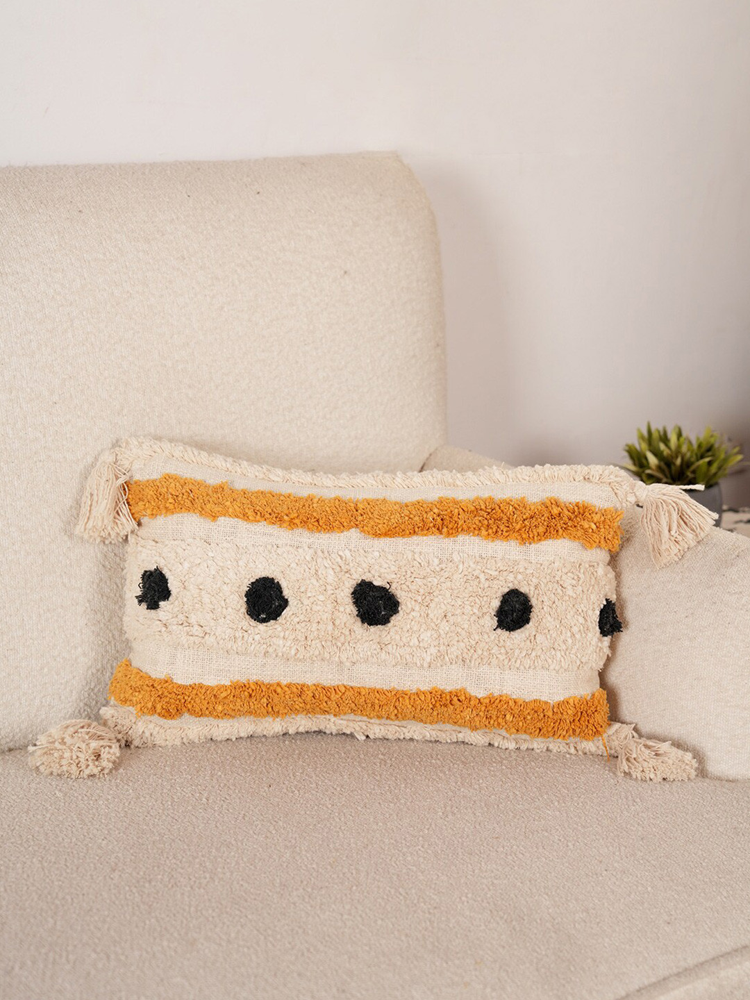 Art Avenue Cream-Coloured & Yellow Self Design Rectangle Cushion Cover