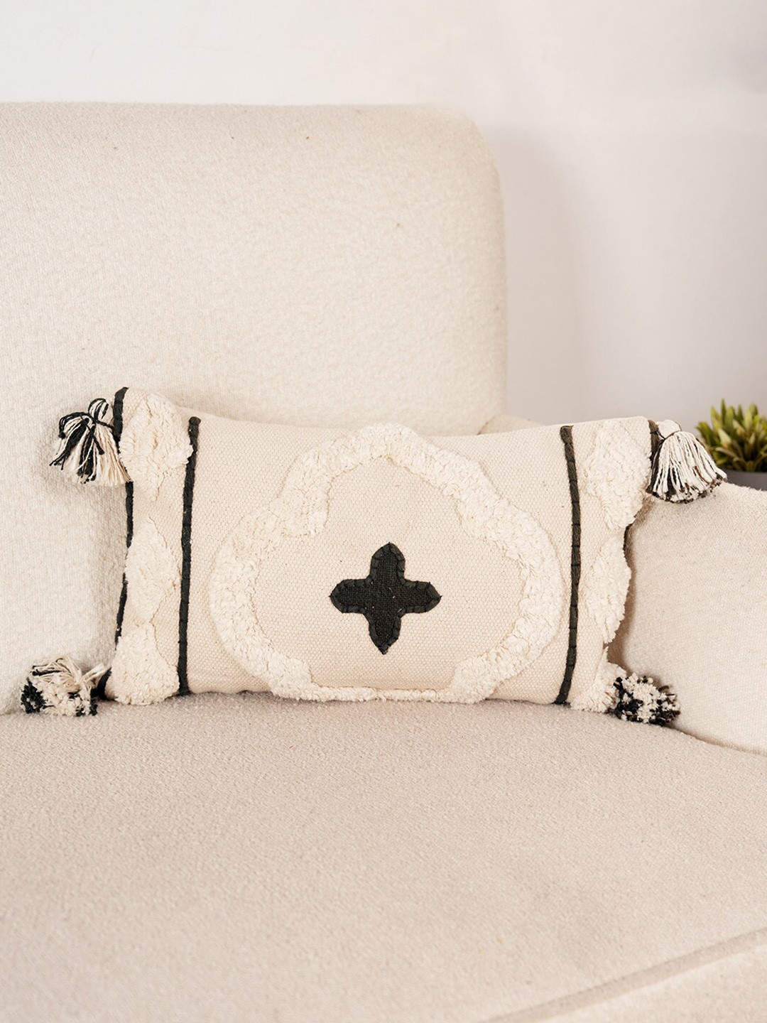 Art Avenue Light-Weight Cream Self Design Cotton Textured Rectangle Cushion Cover -12x20In