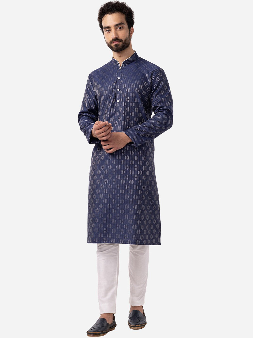 THE KURTA COMPANY Geometric Printed Mandarin Collar Indigo Silk Straight Kurta